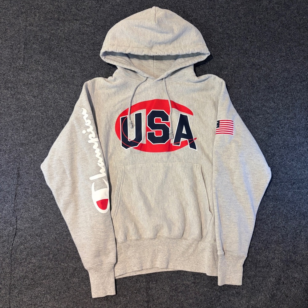 Champion Reverse Weave USA Hoodie Heather Grey Mens Small American Flag Patch